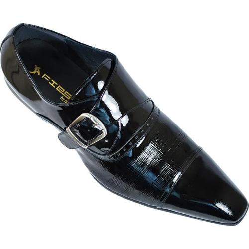 Fiesso Black Patent Leather Self Design With Monk Strap Shoes FI6572